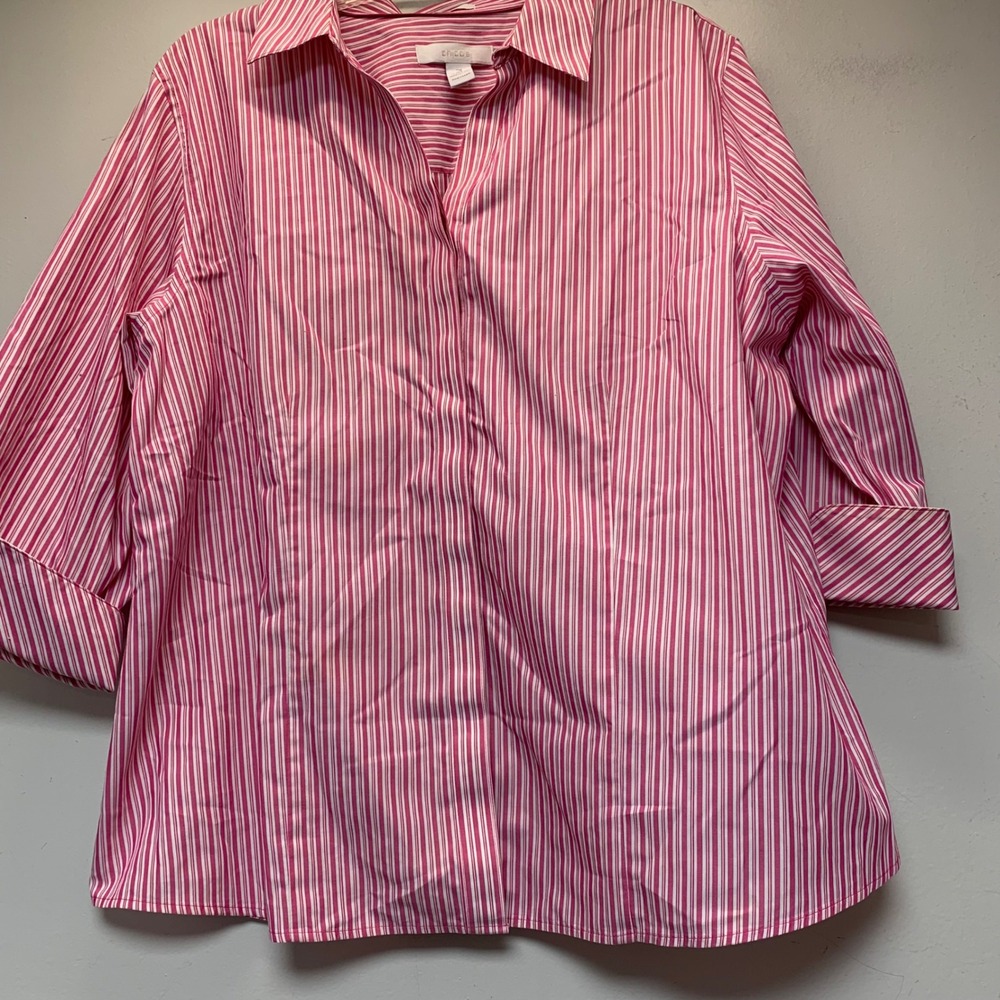 Chicos Button Down Shirt Womens 3 Pink White Excellent Striped 3/4 Sleeve Cotton